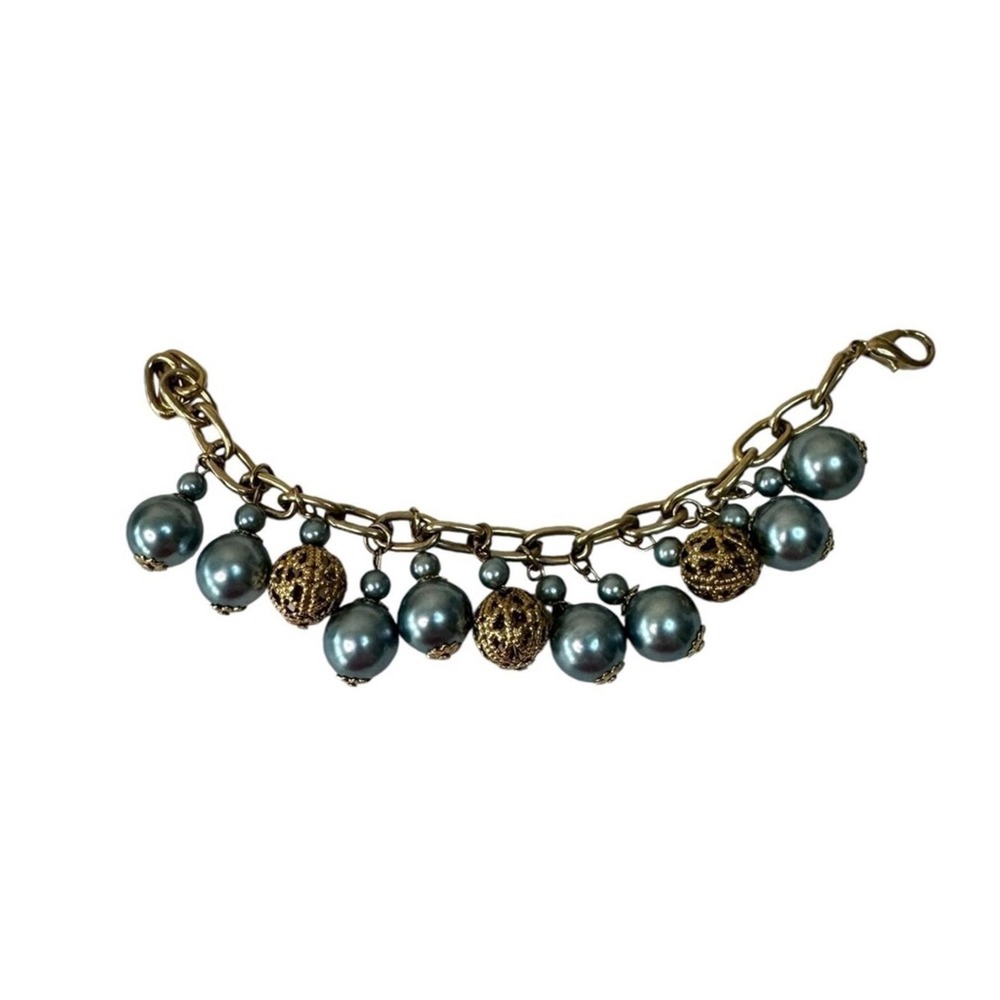 Vintage Gold Tone Charm Bracelet Blue Pearl Bead Dangle Chunky Statement Jewelry